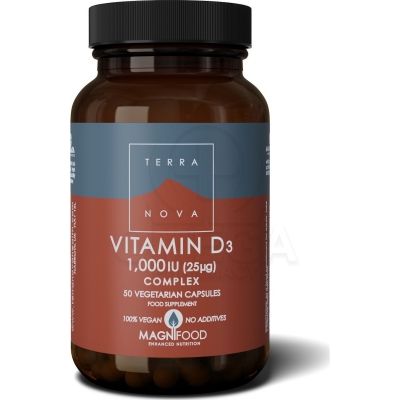 Terranova Vitamin D3 Complex 1000iu (25ug) Φυτικής Προέλευσης Βιταμίνη D3 Συνδυασμένη με Υπερτροφές, 50 caps